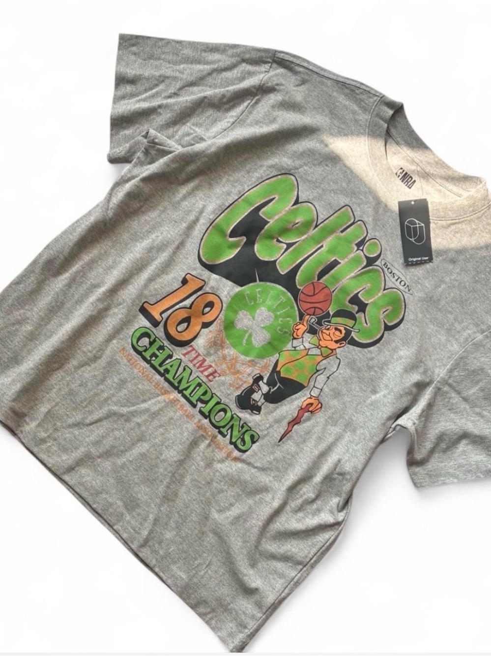 Celtics Graphic Tee - Gray with Green & Orange - Size Large